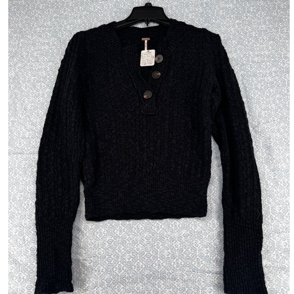 Free People Black Cable Knit Henley Sweater Long Sleeve Cotton Blend NWT